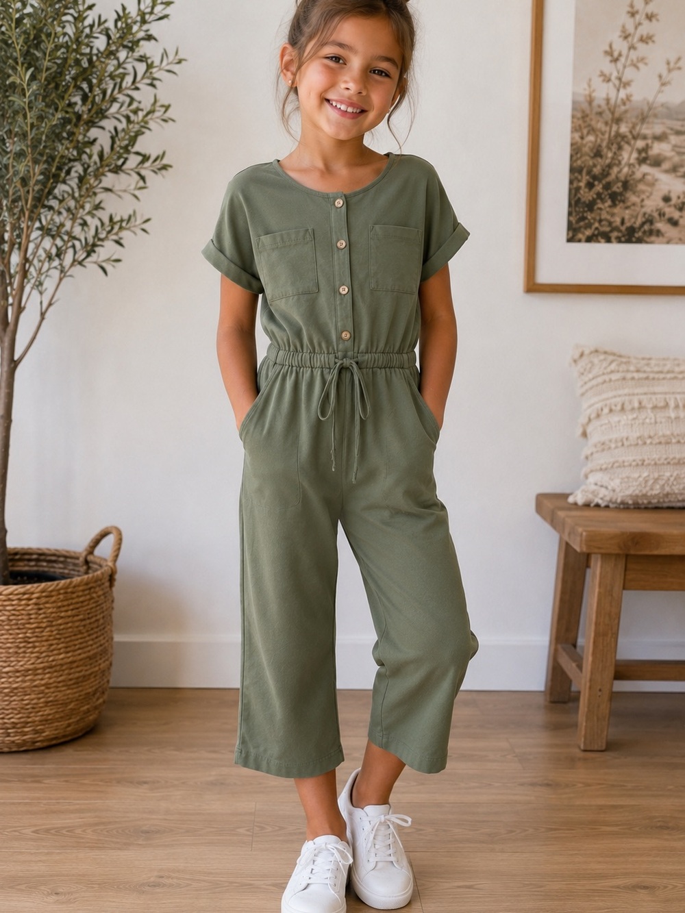 Old Navy Girls size (10/12)Olive Green Short-Sleeve Utility Jumpsuit